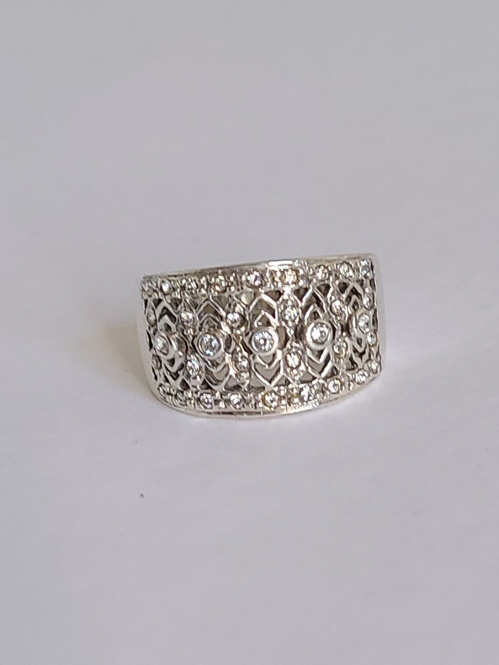 Elegant Sterling Silver CZ Rhinestone Crystal Filigree Chunky Wide Band Ring 6 - Picture 6 of 15